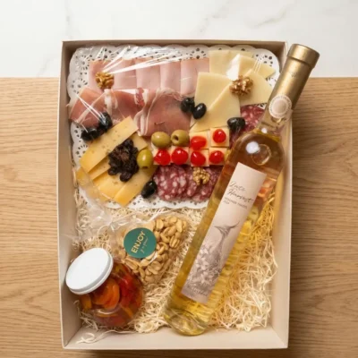 box picada gourmet con vino dulce enjoy y a picar