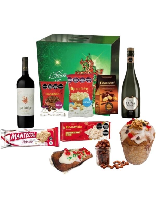 caja-navideña-10-productos-economica-enjoy-a-picar-10-productos-1 Caja navideña premium con vino, sidra, pan dulce artesanal y dulces clásicos.