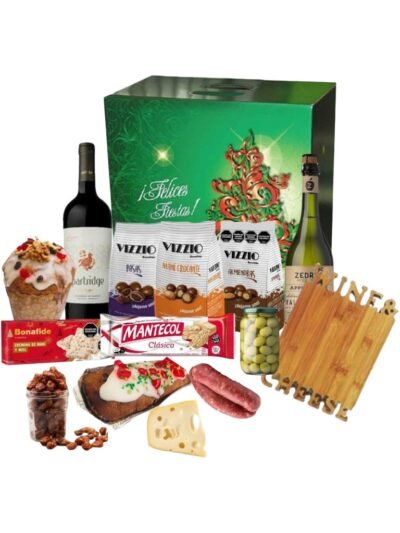 Caja navideña premium de 15 productos con vino, sidra, dulces y tabla de picada.