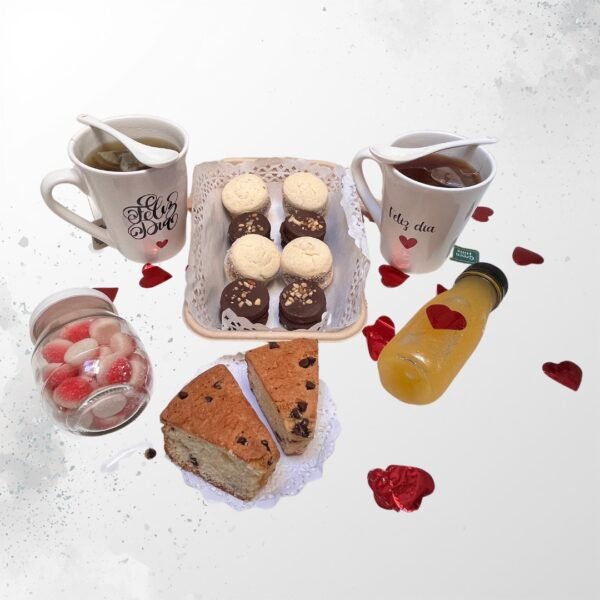 Desayuno San Valentín Romántico con Tazas, Dulces y Bandeja | Regalo Sorpresa