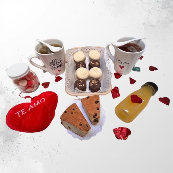 Desayuno San Valentín Romántico con Tazas, Dulces y Bandeja | Regalo Sorpresa