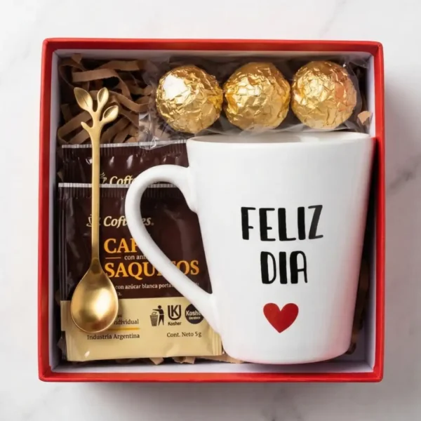box ejecutivo corporativo con taza feliz dia y chocolates