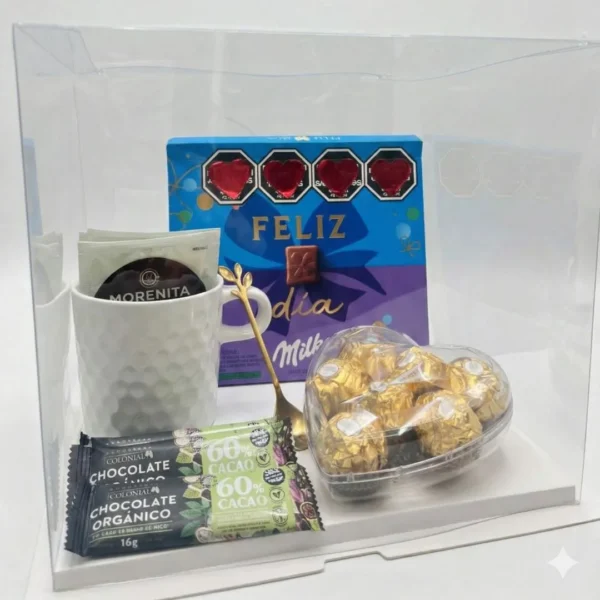 Box gourmet Día de la Mujer con taza, café tostado y chocolates premium. Ideal para regalar el 8 de marzo.