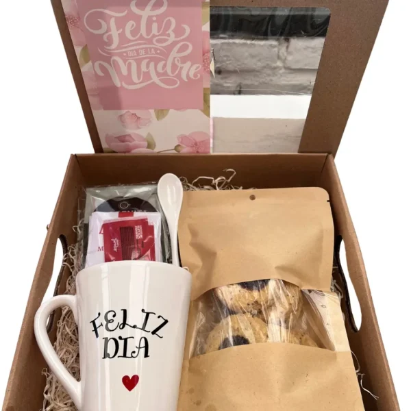 Set de desayuno Box Día de la Madre con taza, infusiones y cucharita de cerámica.