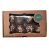Caja kraft con visor transparente y sticker verde Enjoy y a Picar con 8 alfajores artesanales de chocolate.