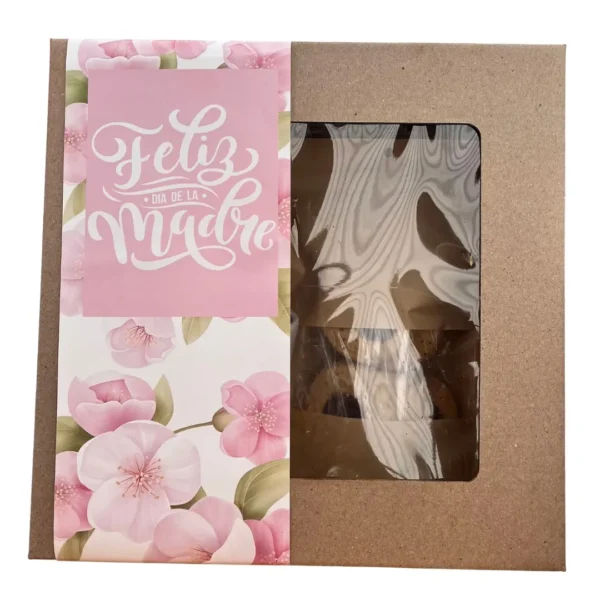 Caja artesanal con visor y faja floral Feliz Día de la Madre de Enjoy y a Picar, con detalles del packaging.