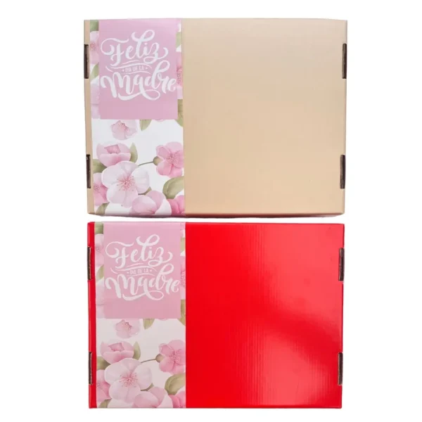 cajas-de-regalo-dia-de-la-madre-faja-floral-opciones-de-color Opciones de color de caja (kraft y roja) para el Box Día de la Madre Enjoy a Picar.